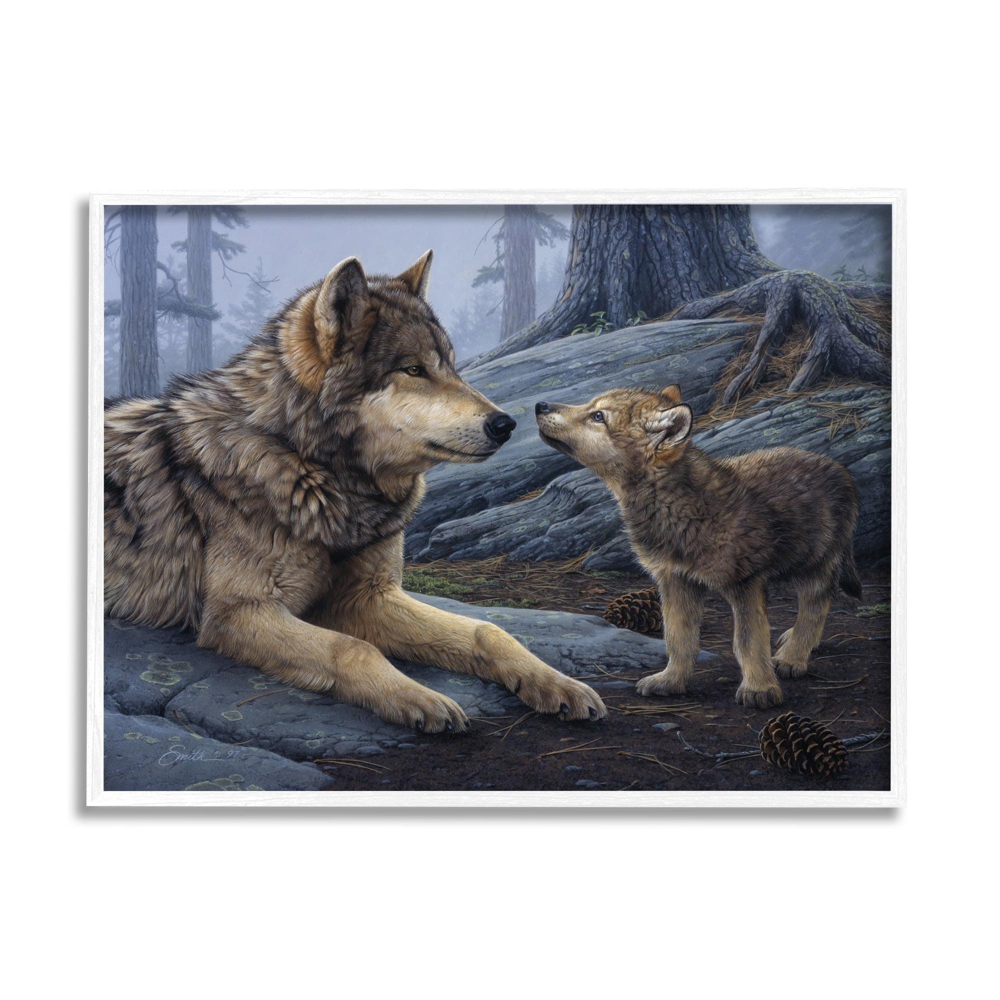 Stupell Industries Wolf & Cub Woodland Forest Animals & Insects Painting White Framed Art Print Wall Art