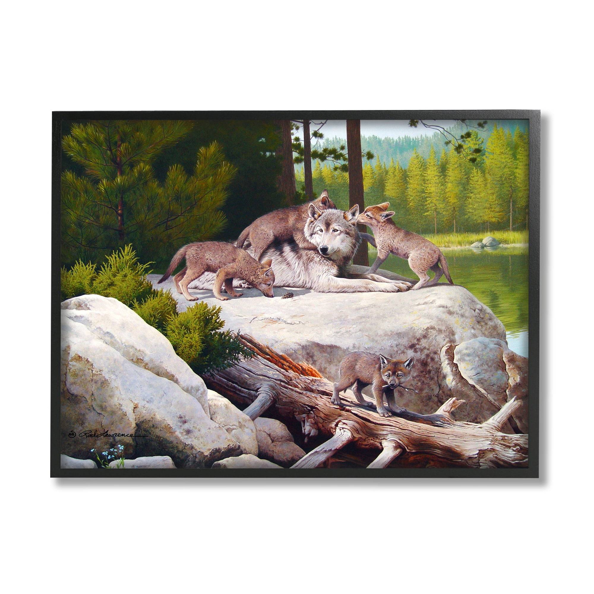 Stupell Industries Wolf & Cubs in Nature Animals & Insects Painting Black Framed Art Print Wall Art, 30 x 24