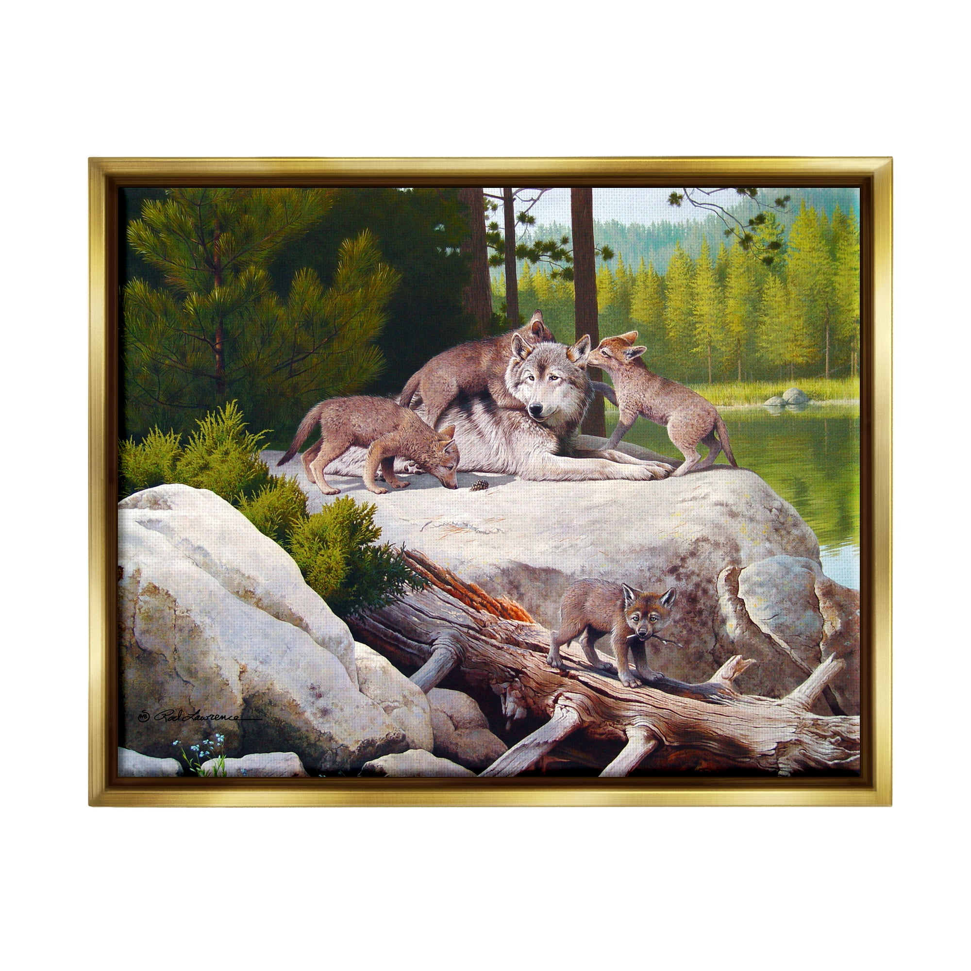 Stupell Industries Wolf & Cubs in Nature Animals & Insects Painting Gold Floater Framed Canvas Art Print Wall Art, 31 x 25