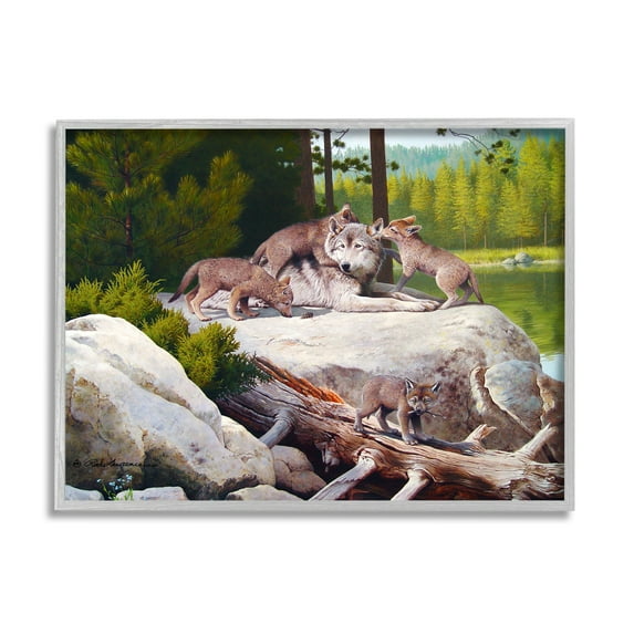 Stupell Industries Wolf & Cubs in Nature Animals & Insects Painting Gray Framed Art Print Wall Art, 14 x 11