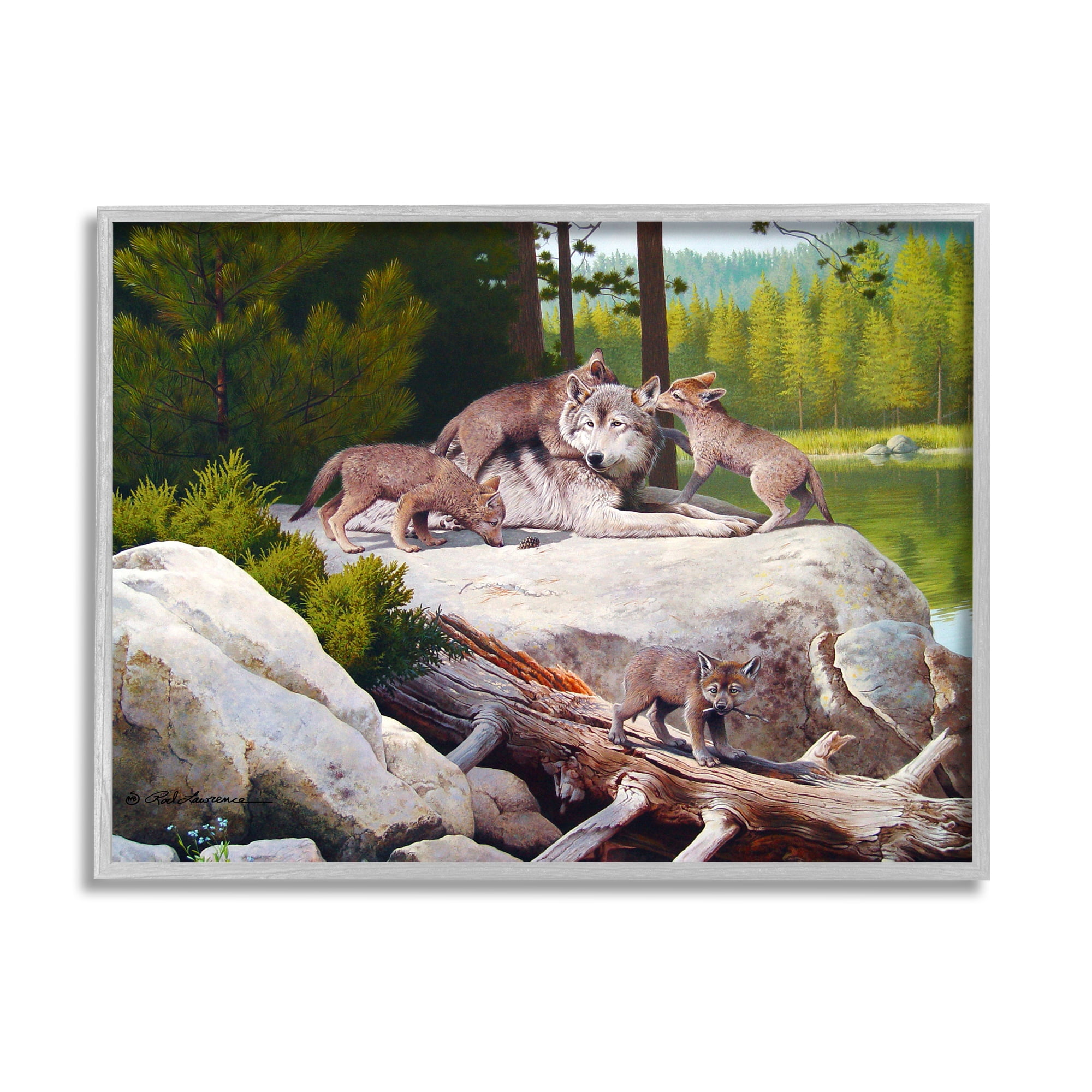 Stupell Industries Wolf & Cubs in Nature Animals & Insects Painting Gray Framed Art Print Wall Art, 30 x 24