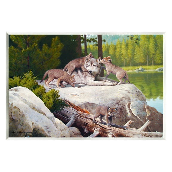 Stupell Industries Wolf & Cubs in Nature Animals & Insects Painting Unframed Art Print Wall Art, 15 x 10