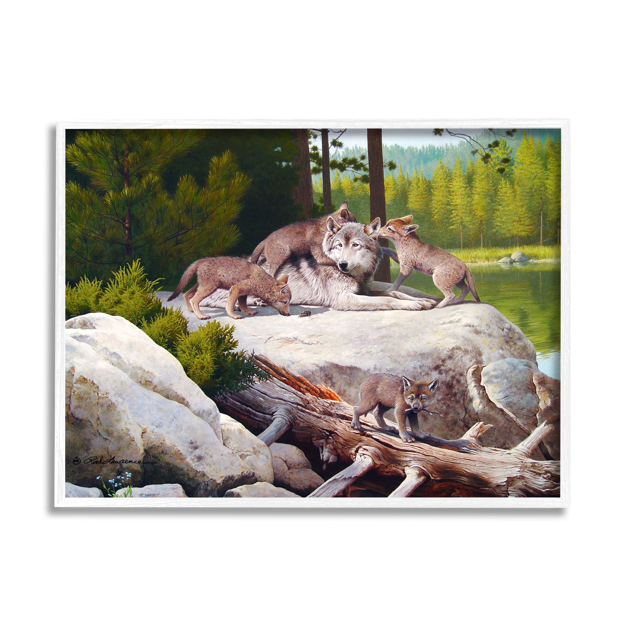 Stupell Industries Wolf & Cubs in Nature Animals & Insects Painting White Framed Art Print Wall Art, 14 x 11