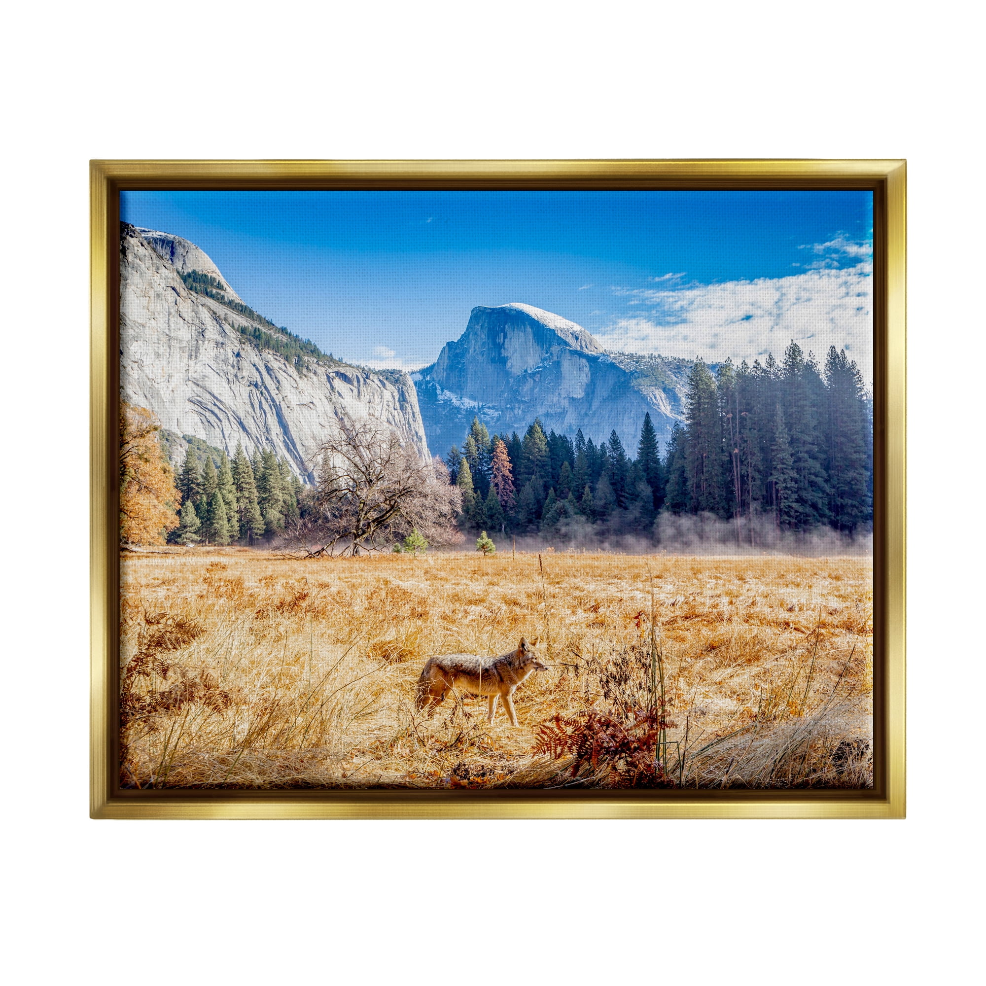 Stupell Industries Wolf Grazing Rural Grassland Clear Sky Mountains Photograph Metallic Gold Floating Framed Canvas Print Wall Art, Design by Jeff Poe Photography