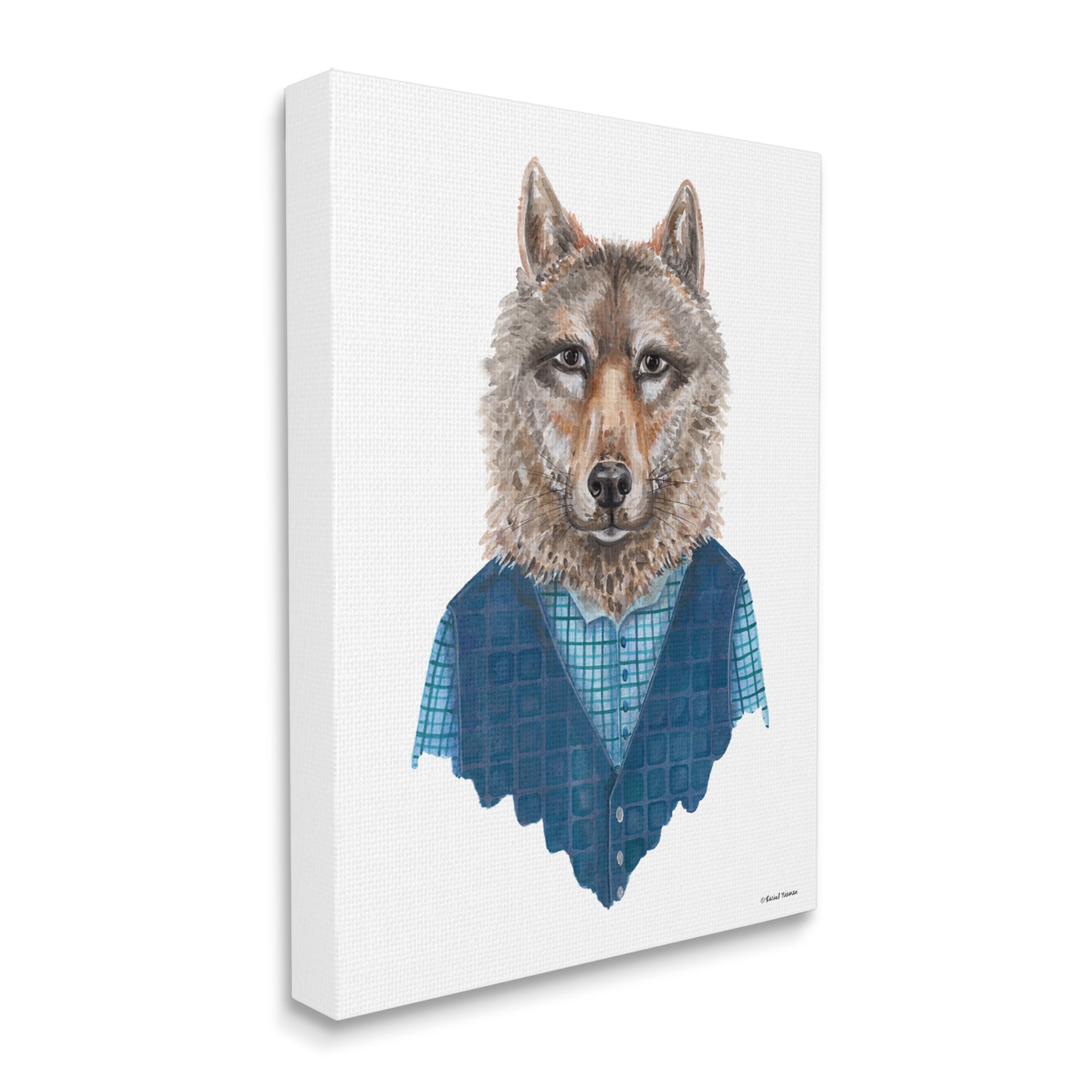 Stupell Industries Wolf In Human Clothing Plaid Patterned Shirt Vest,30 x 40,Designed by Rachel Nieman