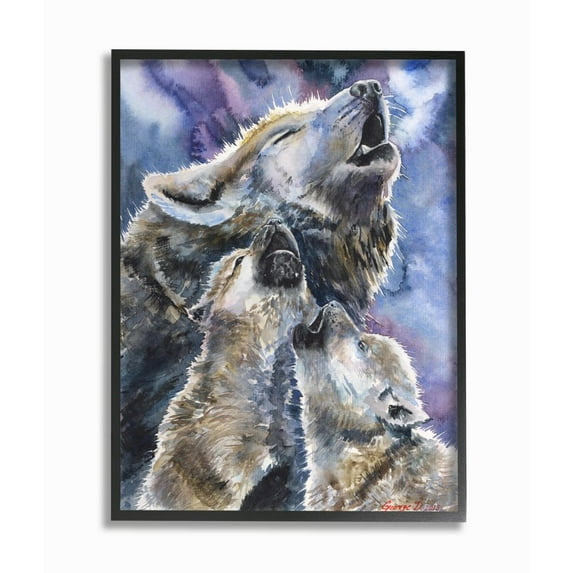 Stupell Industries Wolf Pack Family Large Dog Animal Purple Watercolor Painting Framed Giclee Texturized Art by George Dyachenko