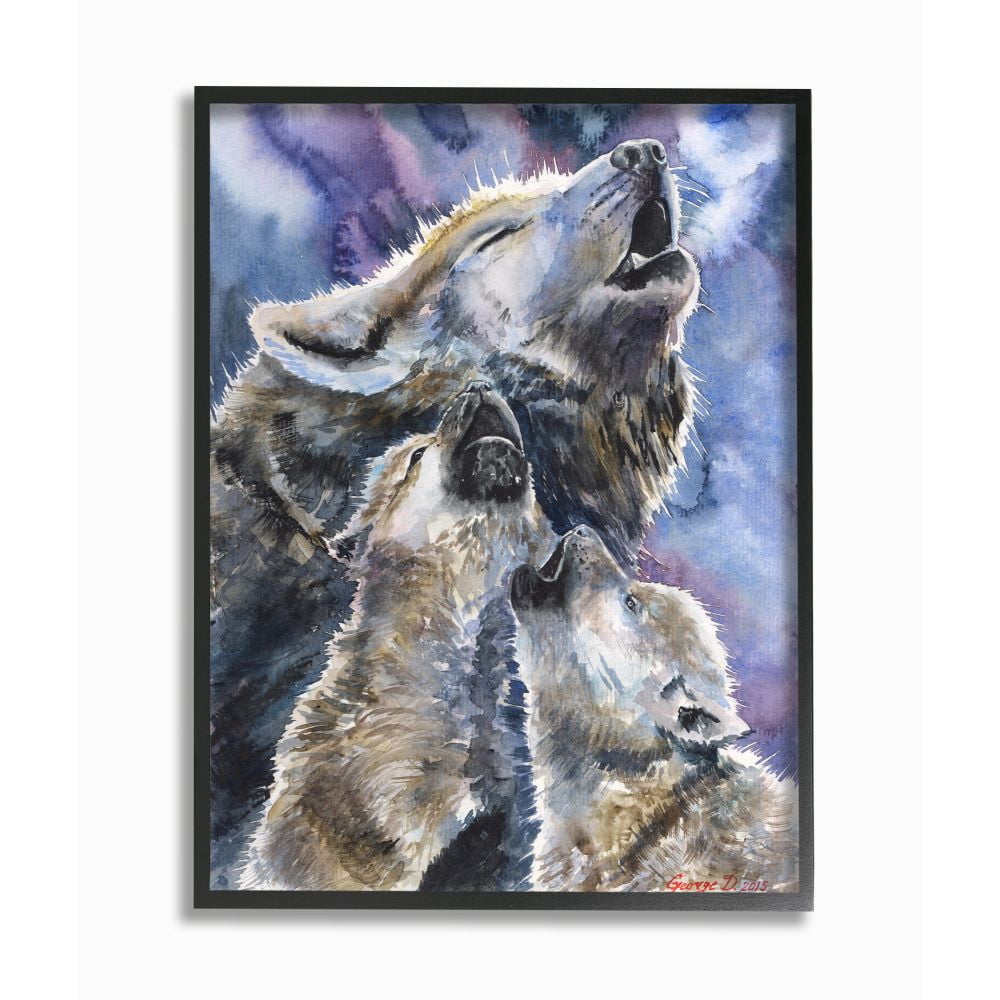Stupell Industries Wolf Pack Family Large Dog Animal Purple Watercolor Painting Framed Giclee Texturized Art by George Dyachenko