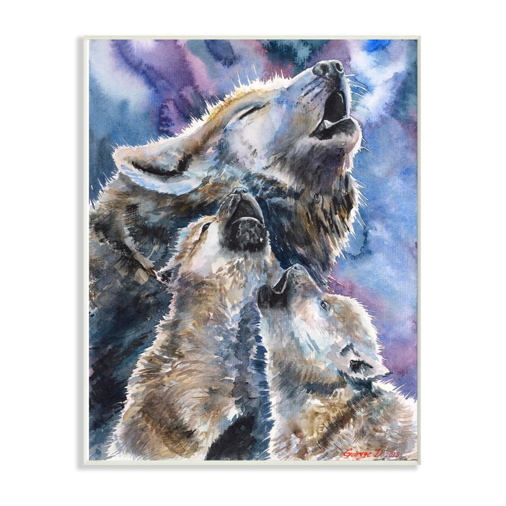 Stupell Industries Wolf Pack Family Large Dog Animal Purple Watercolor Painting Wall Plaque Art by George Dyachenko