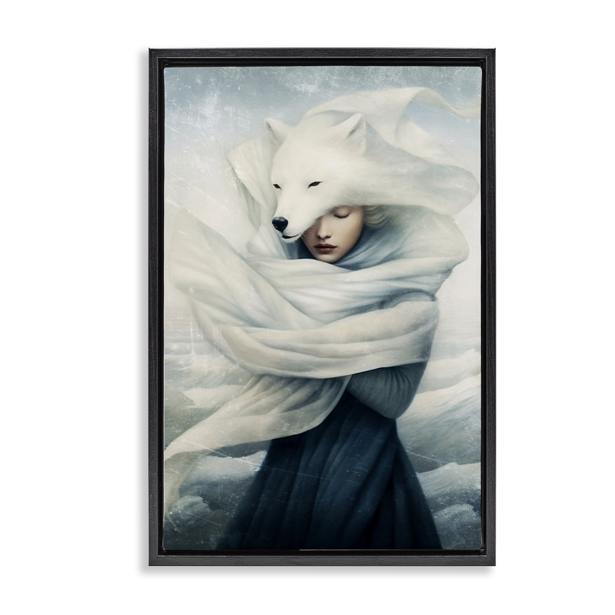 Stupell Industries Wolf Swathed Woman People Painting Black Floater Framed Canvas Art Print Wall Art, 21 x 31