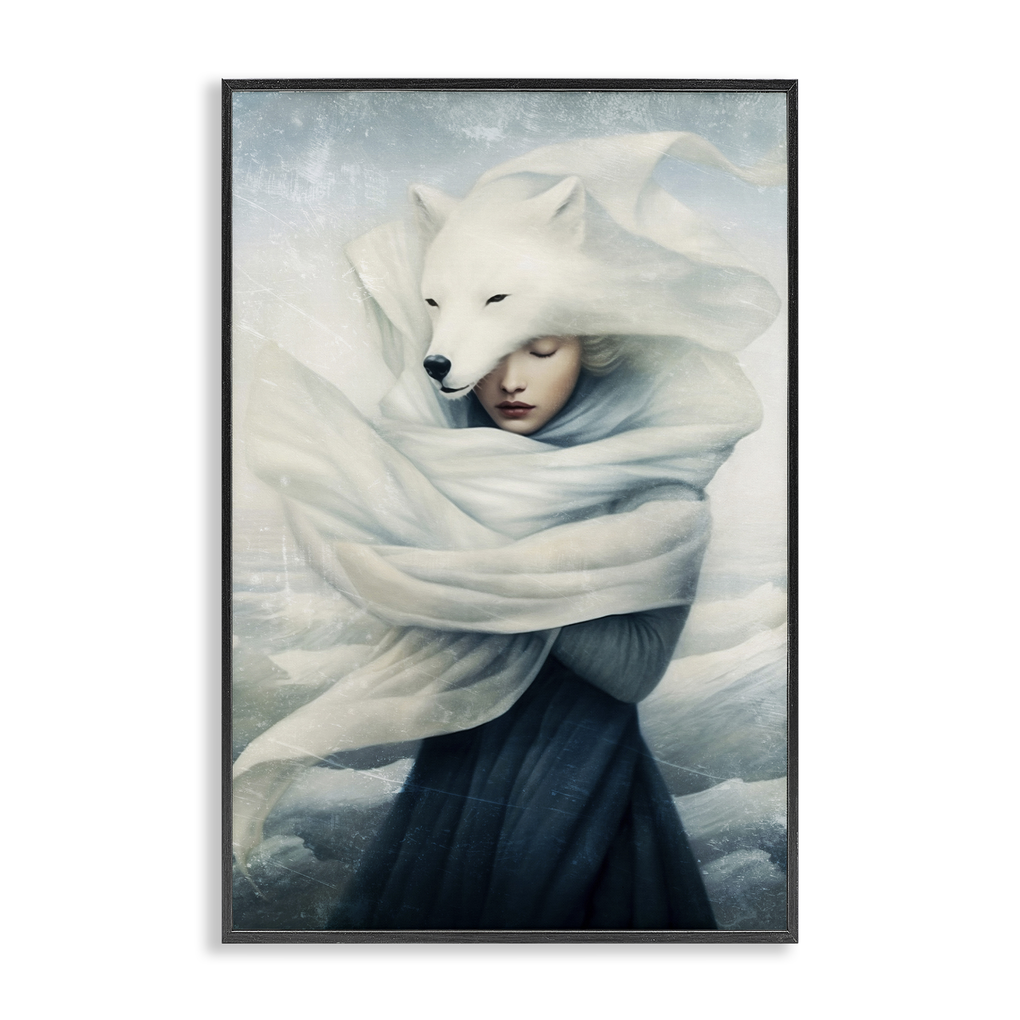Stupell Industries Wolf Swathed Woman People Painting Black Framed Art Print Wall Art, 12 x 18