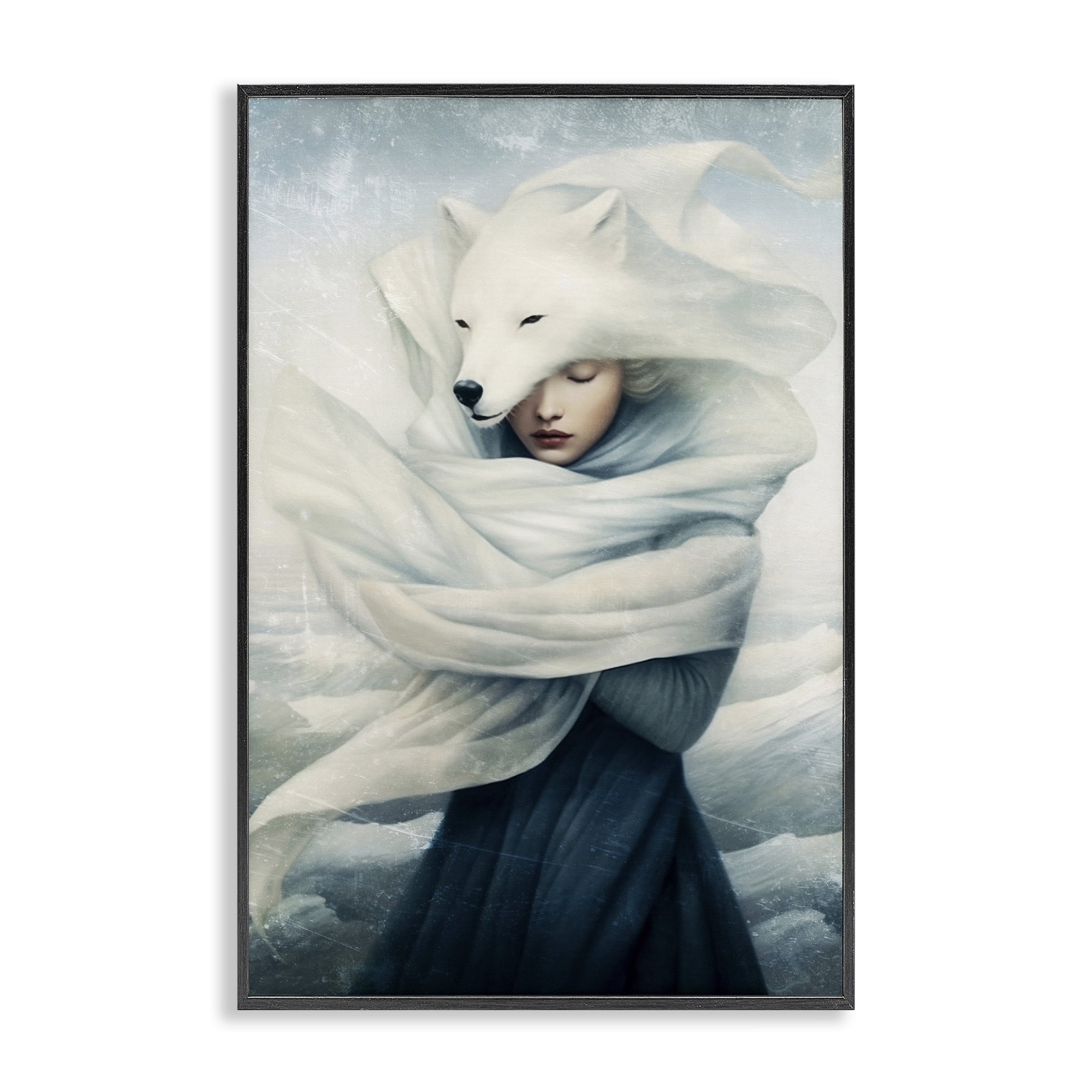 Stupell Industries Wolf Swathed Woman People Painting Black Framed Art Print Wall Art, 20 x 30