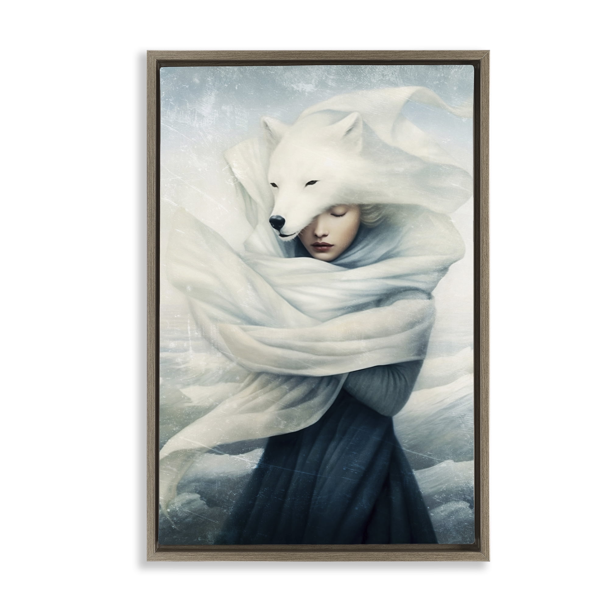 Stupell Industries Wolf Swathed Woman People Painting Brown Floater Framed Canvas Art Print Wall Art, 17 x 25