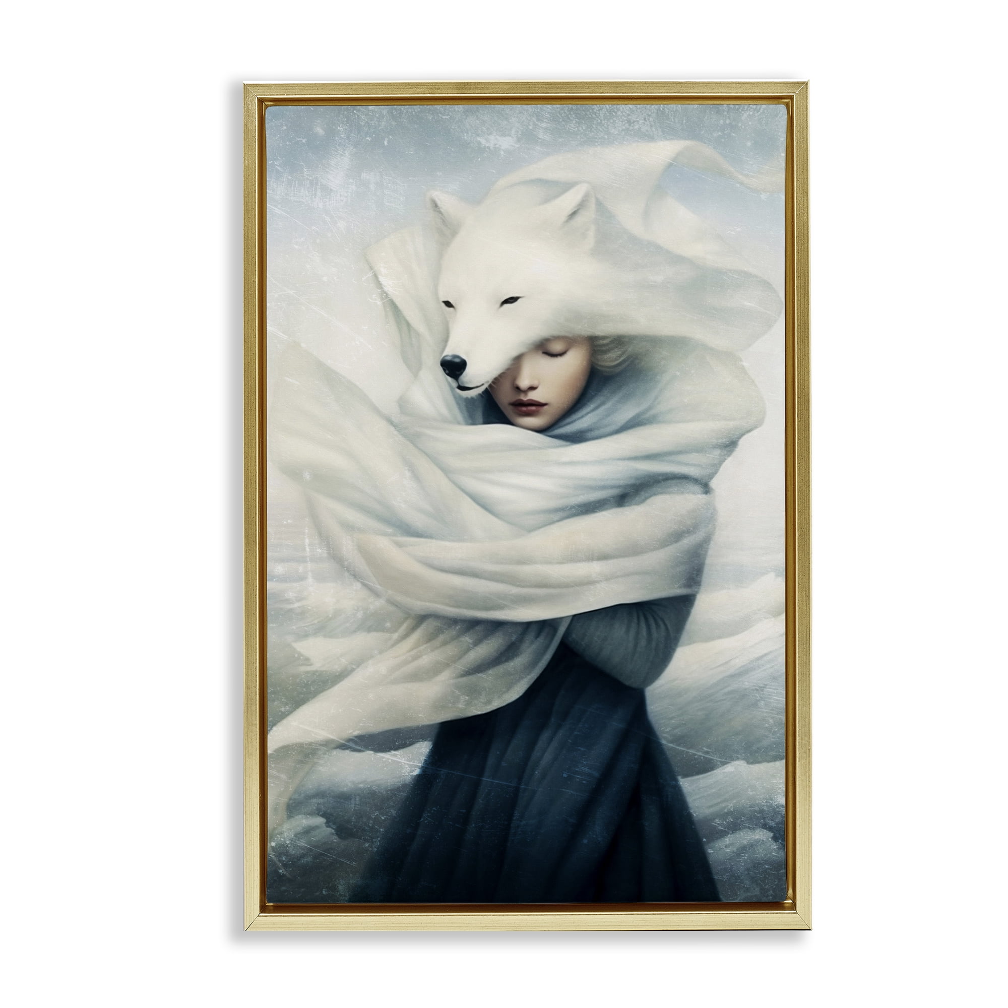 Stupell Industries Wolf Swathed Woman People Painting Gold Floater Framed Canvas Art Print Wall Art, 21 x 31