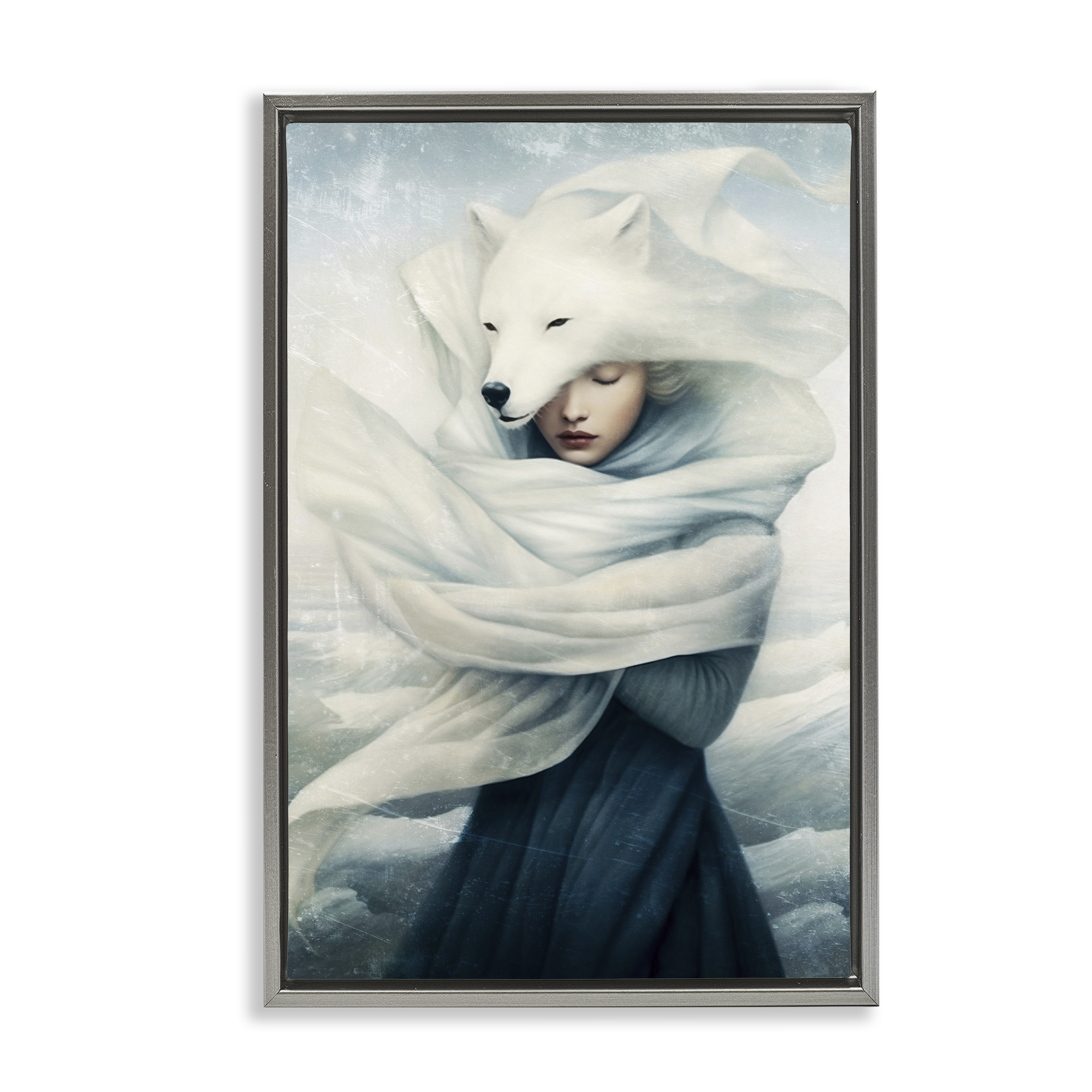 Stupell Industries Wolf Swathed Woman People Painting Gray Floater Framed Canvas Art Print Wall Art, 21 x 31