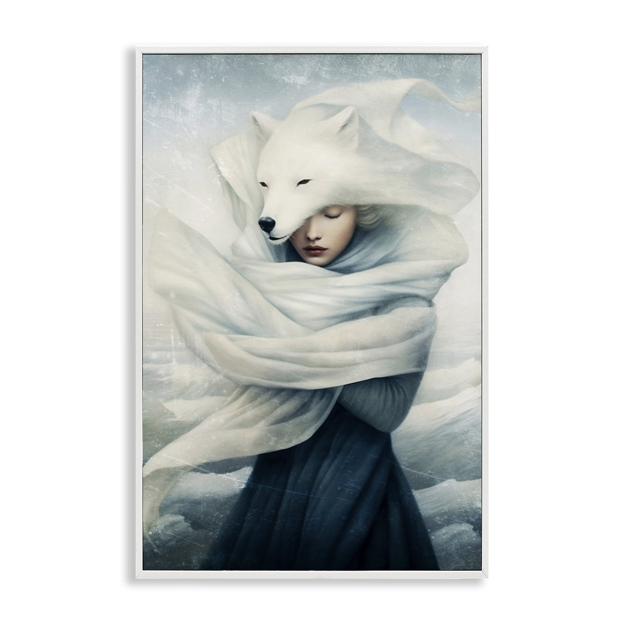 Stupell Industries Wolf Swathed Woman People Painting White Framed Art Print Wall Art, 16 x 24
