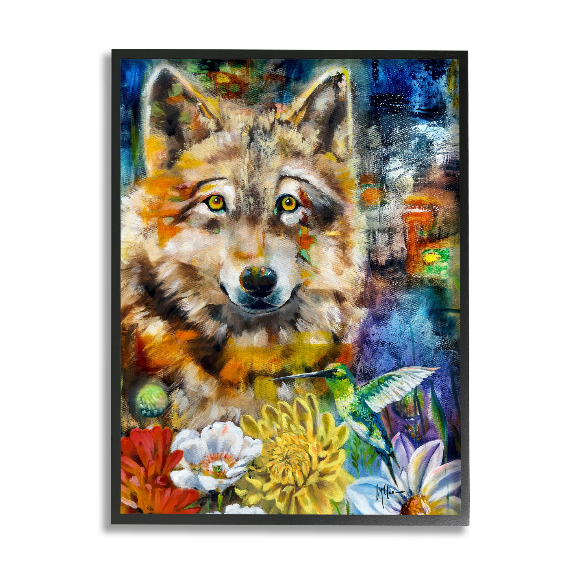 Stupell Industries Wolf with Abstract Florals Animals & Insects Painting Black Framed Art Print Wall Art, 16 x 20