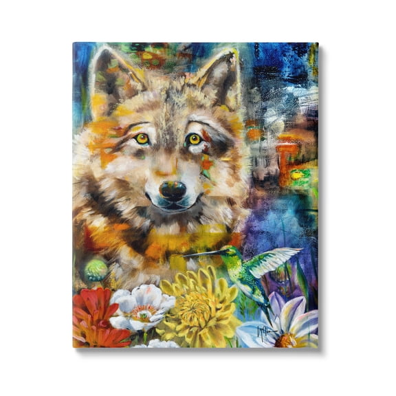 Stupell Industries Wolf with Abstract Florals Animals & Insects Painting Gallery Wrapped Canvas Art Print Wall Art, 30 x 40
