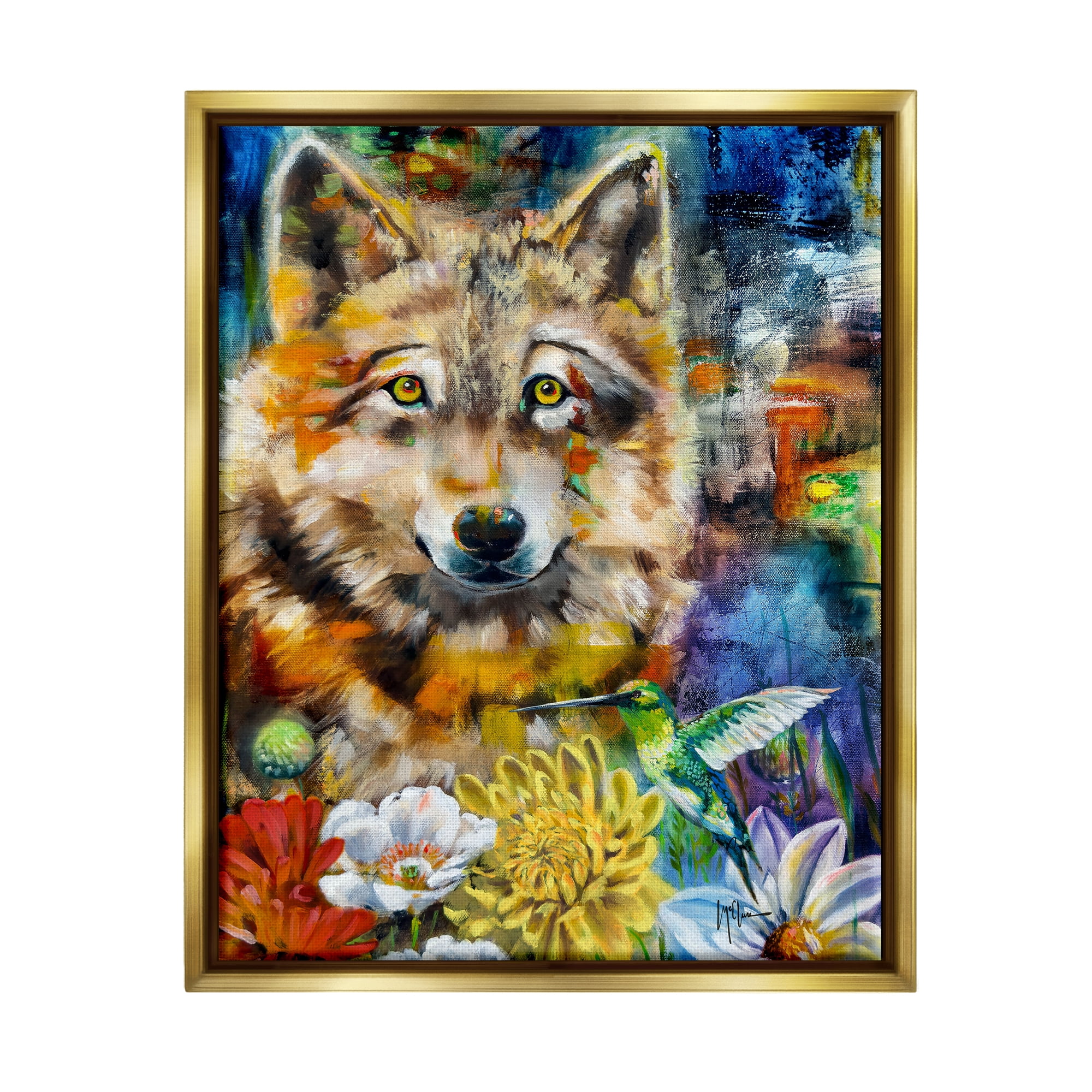 Stupell Industries Wolf with Abstract Florals Animals & Insects Painting Gold Floater Framed Canvas Art Print Wall Art, 17 x 21