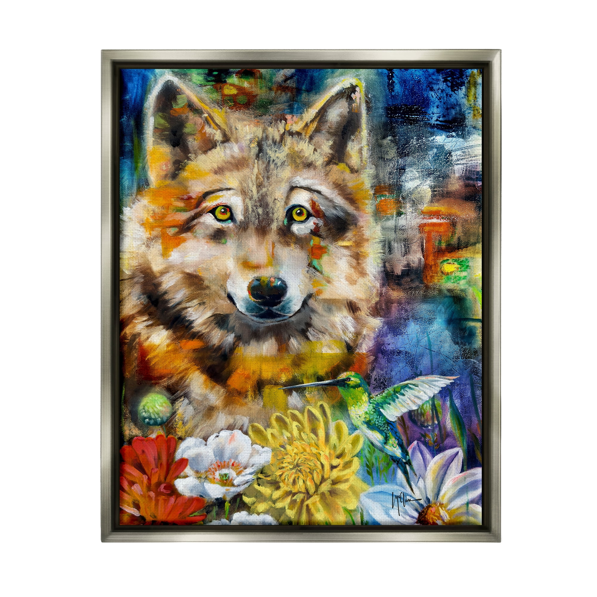 Stupell Industries Wolf with Abstract Florals Animals & Insects Painting Gray Floater Framed Canvas Art Print Wall Art, 25 x 31