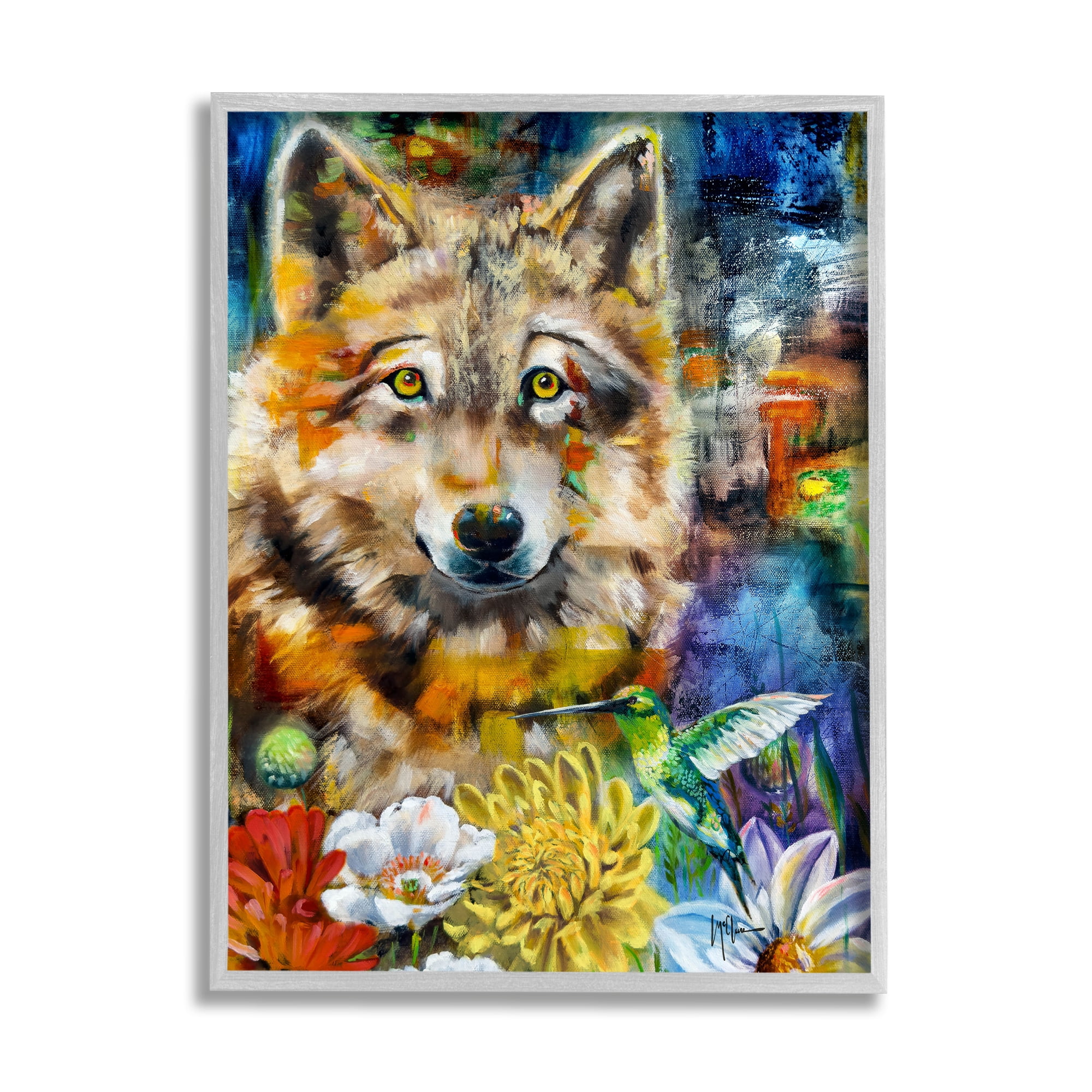 Stupell Industries Wolf with Abstract Florals Animals & Insects Painting Gray Framed Art Print Wall Art, 16 x 20