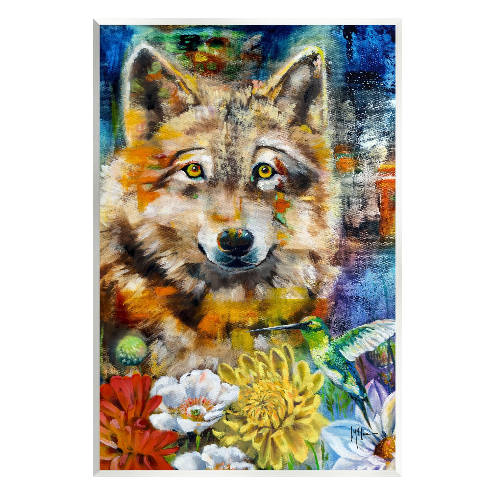 Stupell Industries Wolf with Abstract Florals Animals & Insects Painting Unframed Art Print Wall Art, 13 x 19