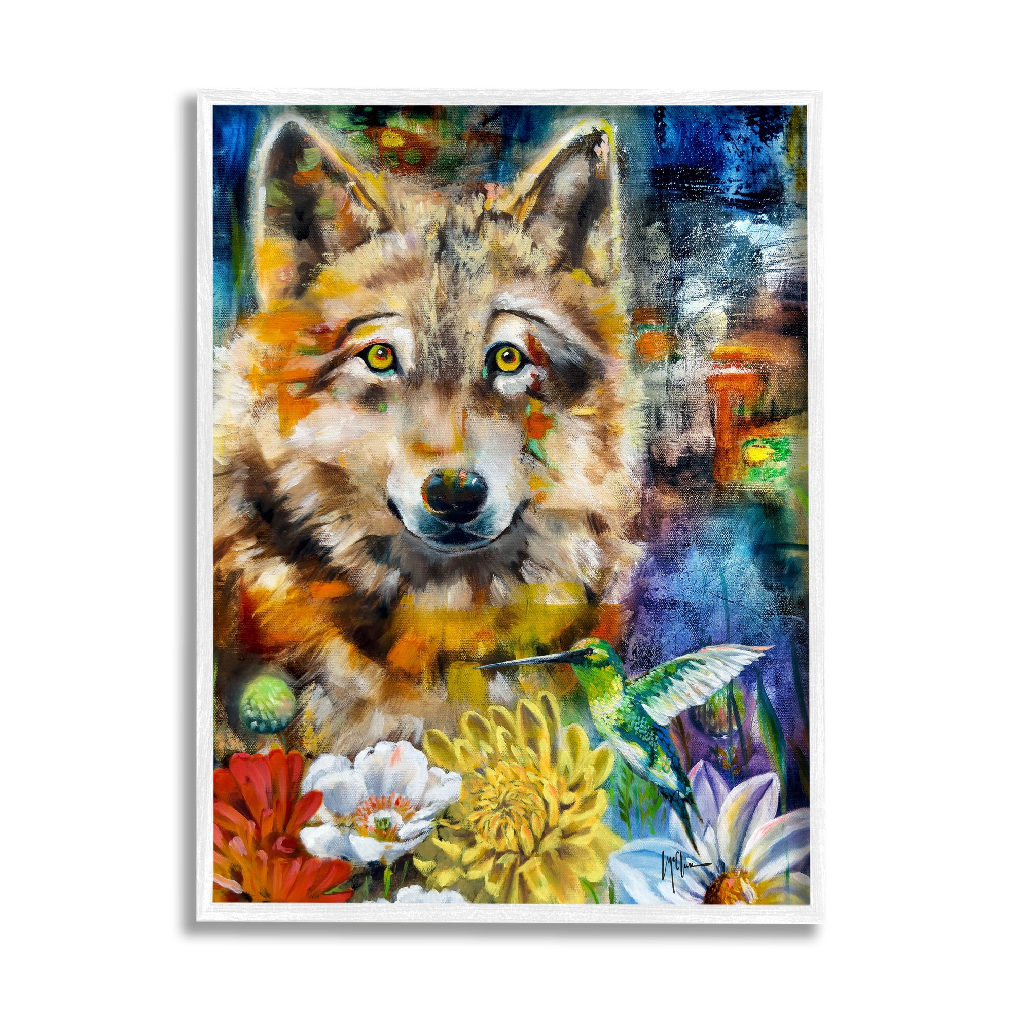 Stupell Industries Wolf with Abstract Florals Animals & Insects Painting White Framed Art Print Wall Art, 11 x 14