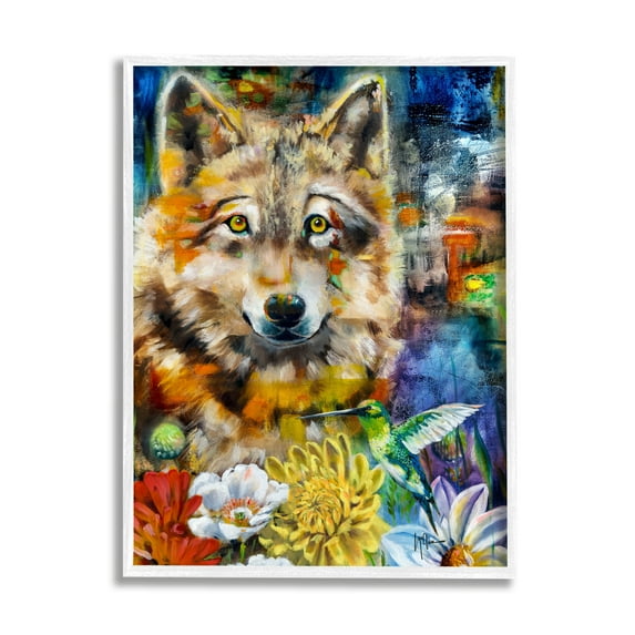 Stupell Industries Wolf with Abstract Florals Animals & Insects Painting White Framed Art Print Wall Art, 16 x 20