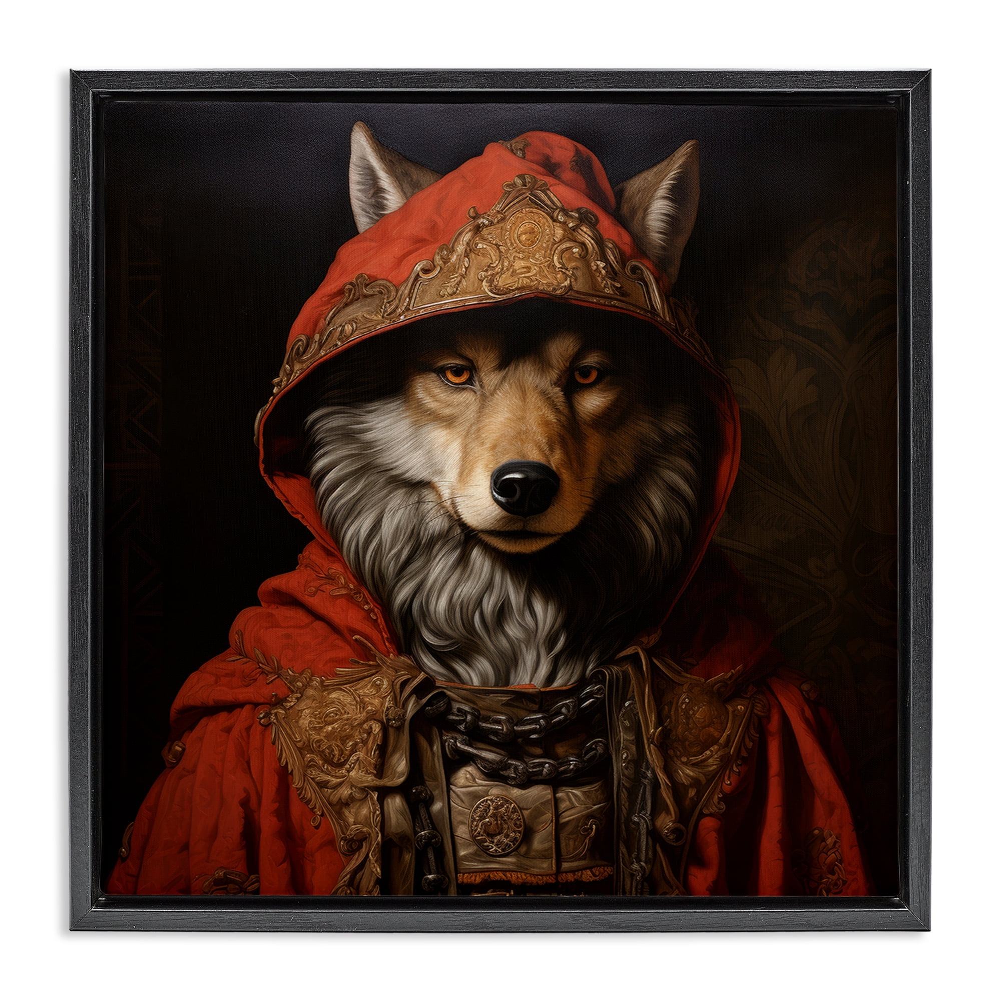 Stupell Industries Wolf with Red Cloak Animals & Insects Painting Black Floater Framed Canvas Art Print Wall Art, 25 x 25