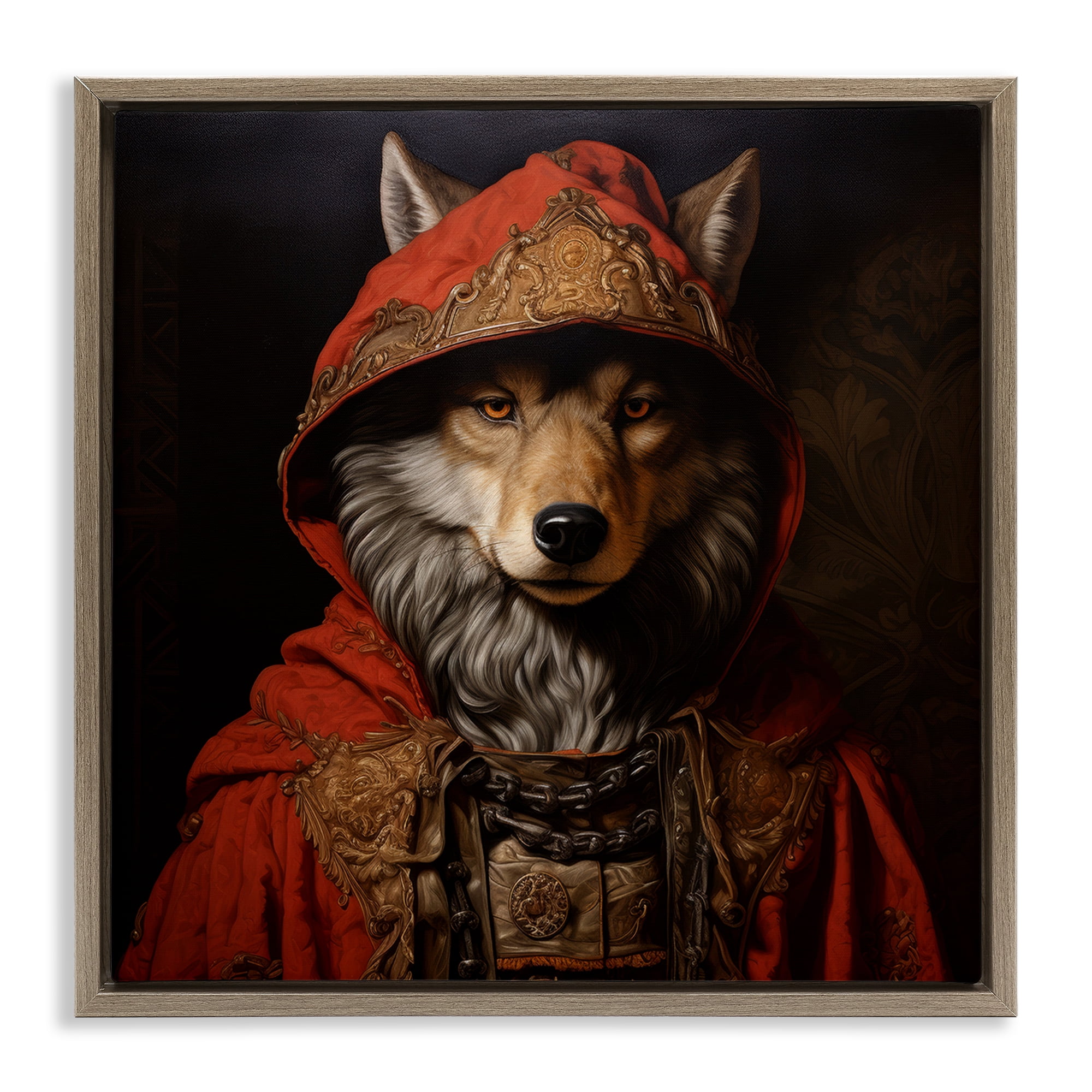 Stupell Industries Wolf with Red Cloak Animals & Insects Painting Brown Floater Framed Canvas Art Print Wall Art, 25 x 25