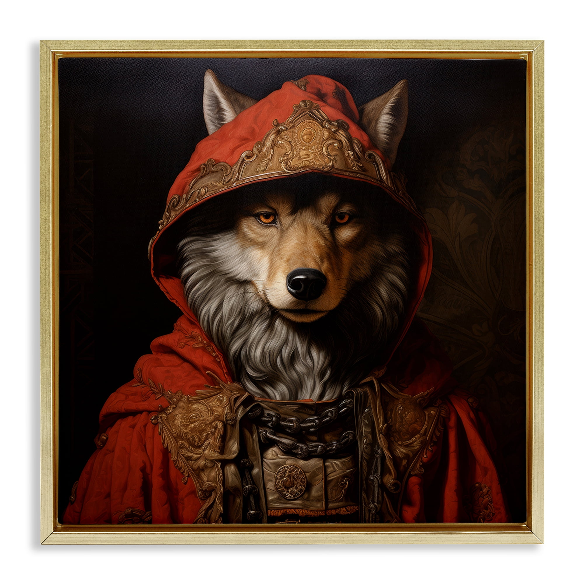 Stupell Industries Wolf with Red Cloak Animals & Insects Painting Gold Floater Framed Canvas Art Print Wall Art, 25 x 25