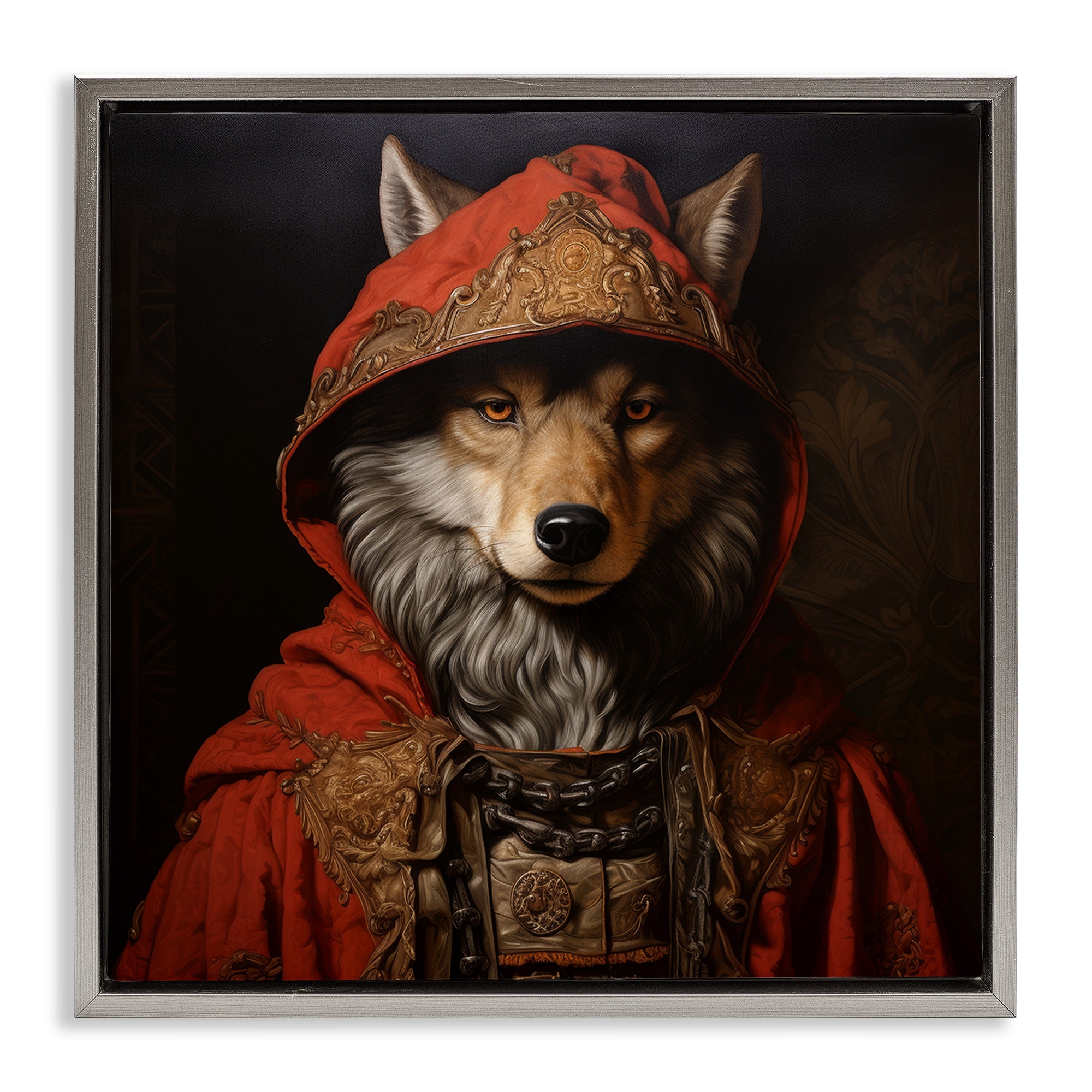 Stupell Industries Wolf with Red Cloak Animals & Insects Painting Gray Floater Framed Canvas Art Print Wall Art, 25 x 25