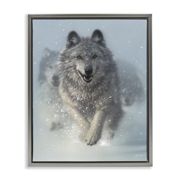 Stupell Industries Wolves Running Through Snow Animals & Insects Photography Gray Floater Framed Canvas Art Print Wall Art, 25 x 31