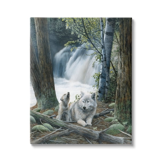 Stupell Industries Wolves by Forest Waterfall Animals & Insects Painting Gallery Wrapped Canvas Print Wall Art, 16 x 20