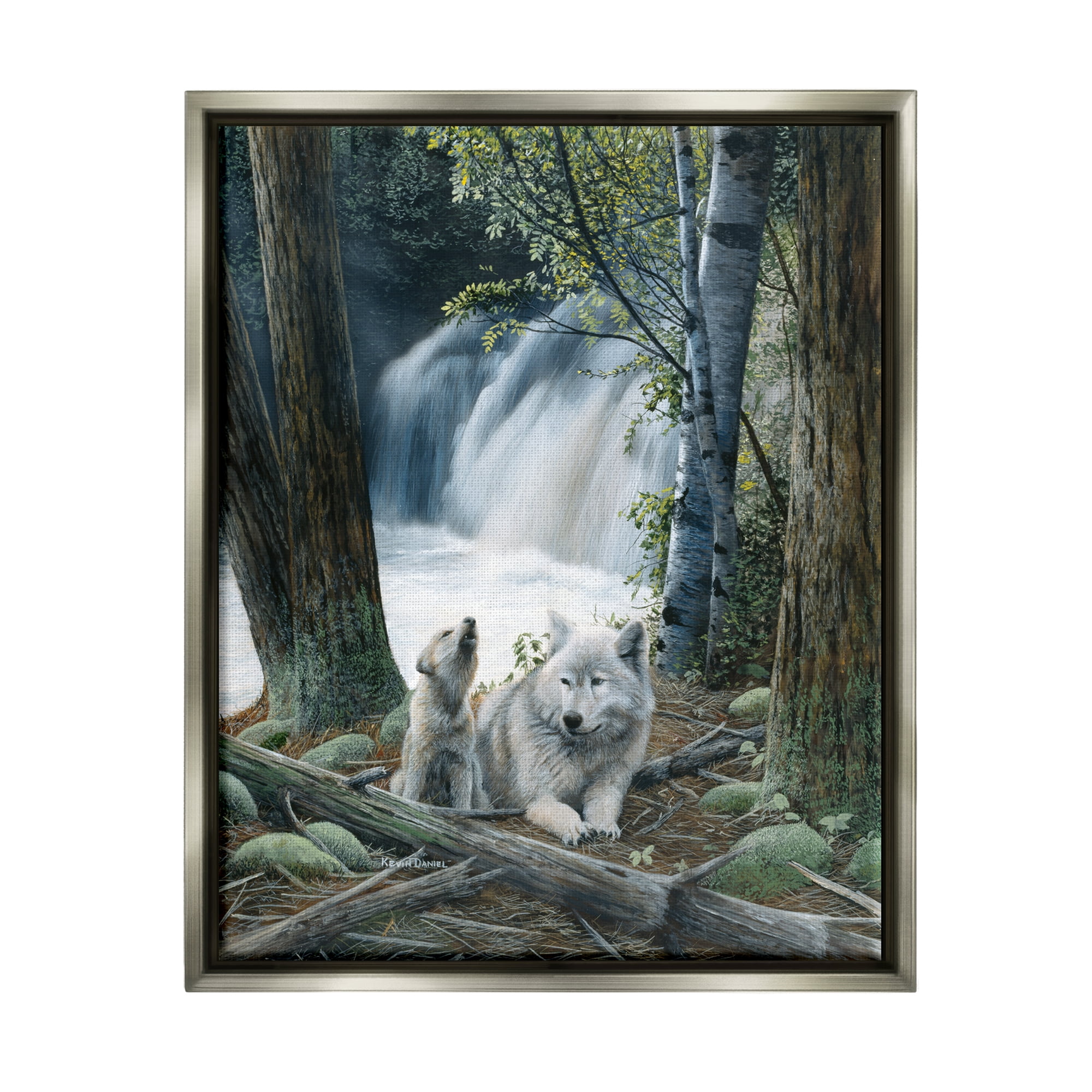 Stupell Industries Wolves by Forest Waterfall Animals & Insects Painting Gray Floater Framed Art Print Wall Art, 17 x 21