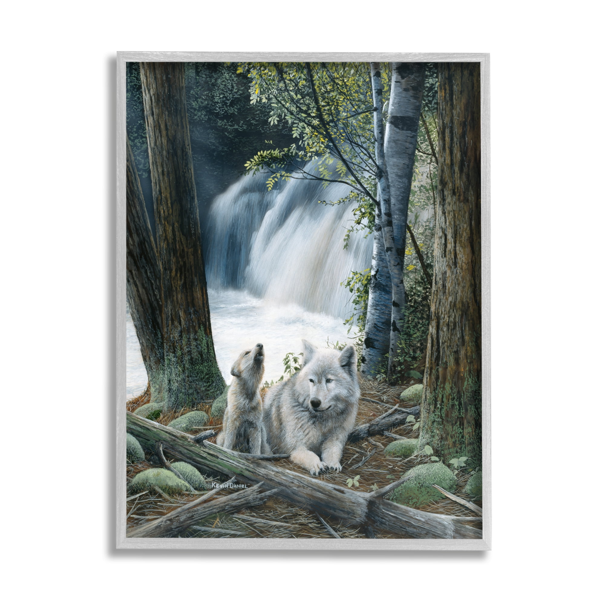 Stupell Industries Wolves by Forest Waterfall Animals & Insects Painting Gray Framed Art Print Wall Art, 16 x 20
