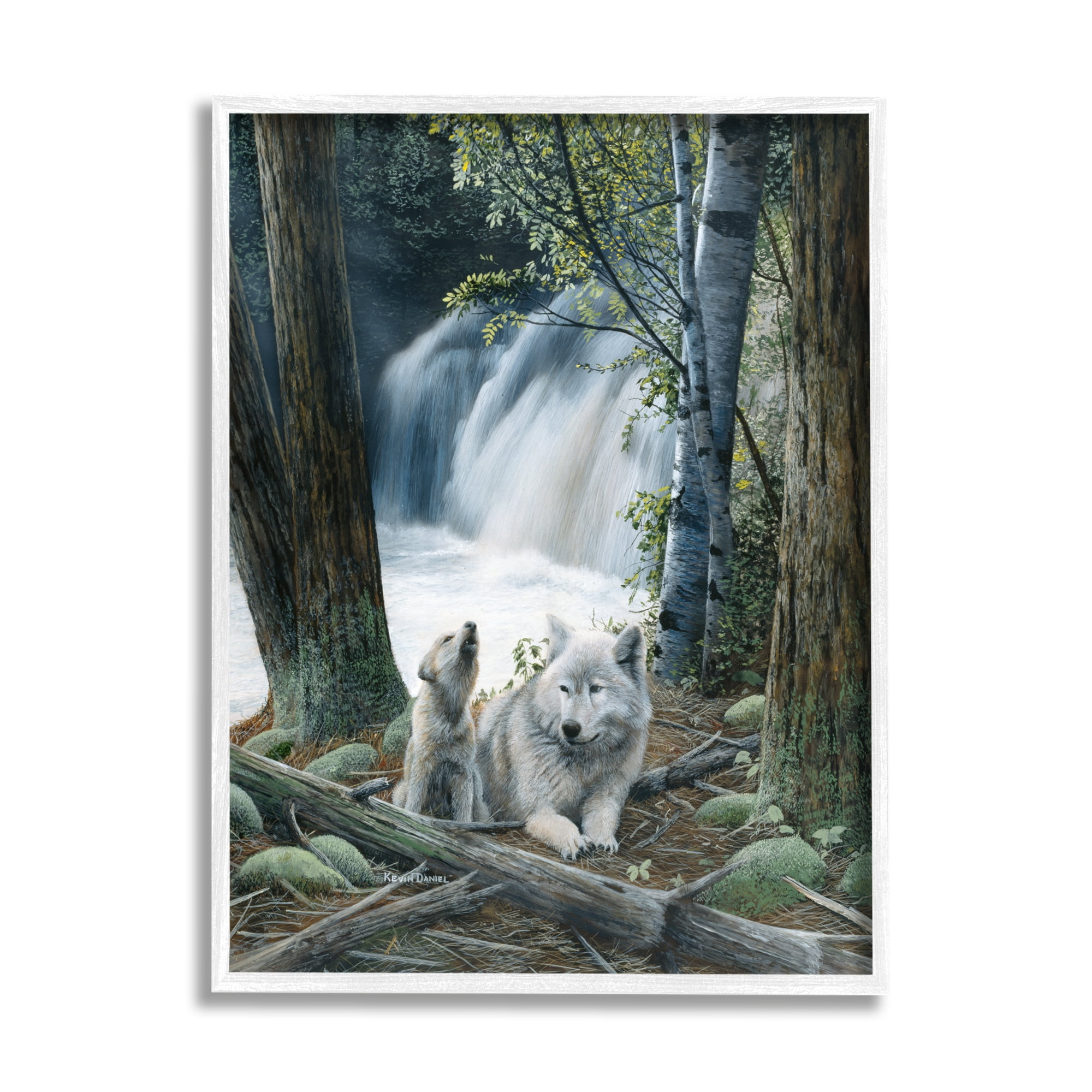 Stupell Industries Wolves by Forest Waterfall Animals & Insects Painting White Framed Art Print Wall Art, 11 x 14