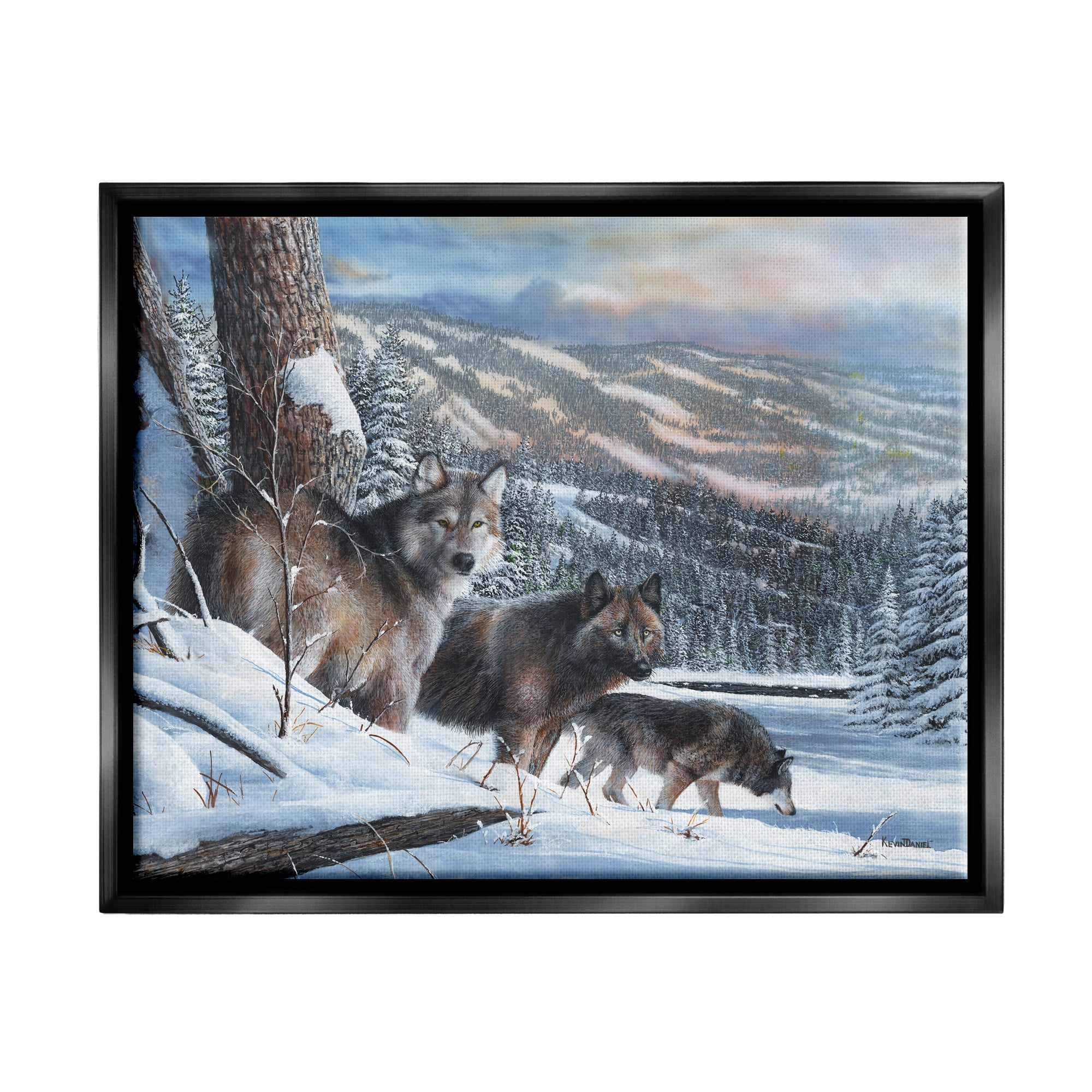 Stupell Industries Wolves in Snowy Mountain Landscape Animals & Insects Painting Black Floater Framed Art Print Wall Art, 21 x 17