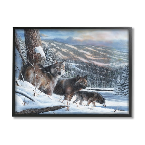 Stupell Industries Wolves in Snowy Mountain Landscape Animals & Insects Painting Black Framed Art Print Wall Art, 20 x 16