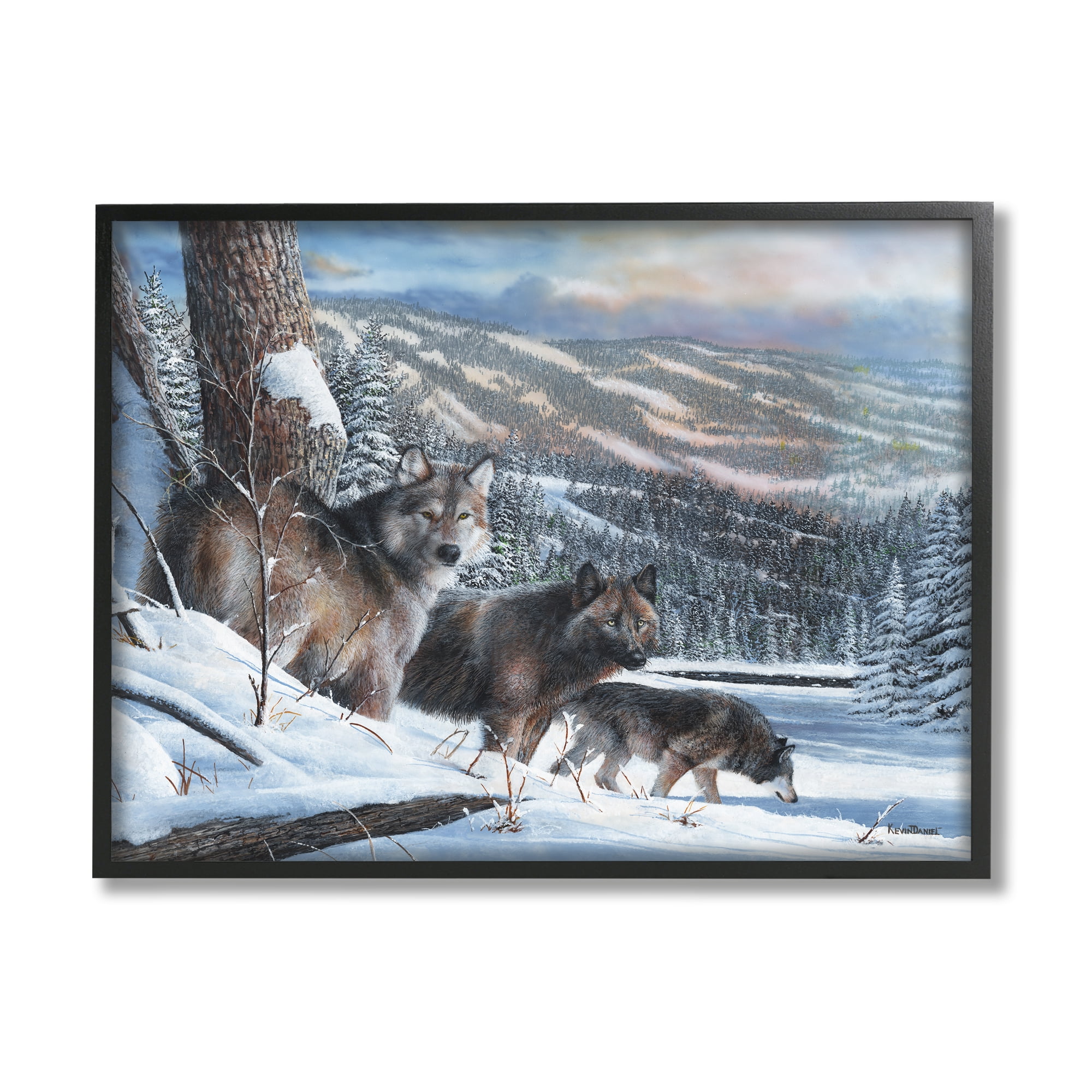 Stupell Industries Wolves in Snowy Mountain Landscape Animals & Insects Painting Black Framed Art Print Wall Art, 30 x 24