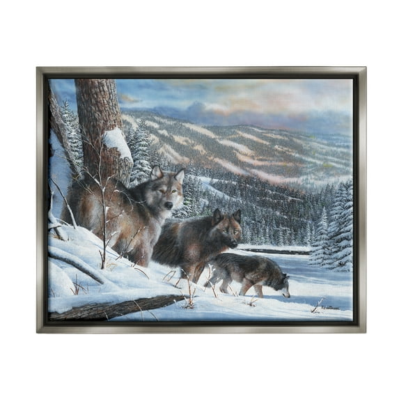 Stupell Industries Wolves in Snowy Mountain Landscape Animals & Insects Painting Gray Floater Framed Art Print Wall Art, 21 x 17