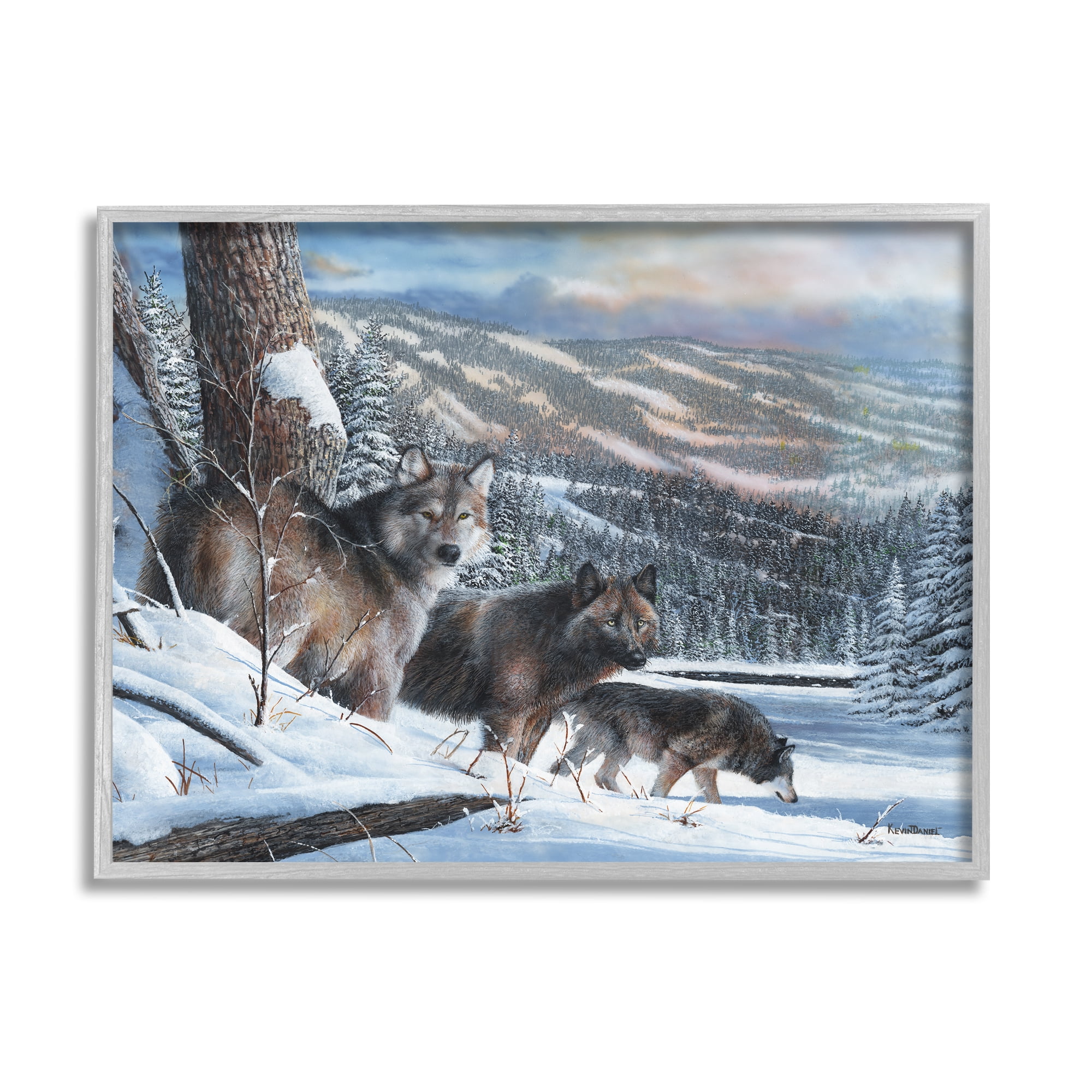 Stupell Industries Wolves in Snowy Mountain Landscape Animals & Insects Painting Gray Framed Art Print Wall Art, 14 x 11