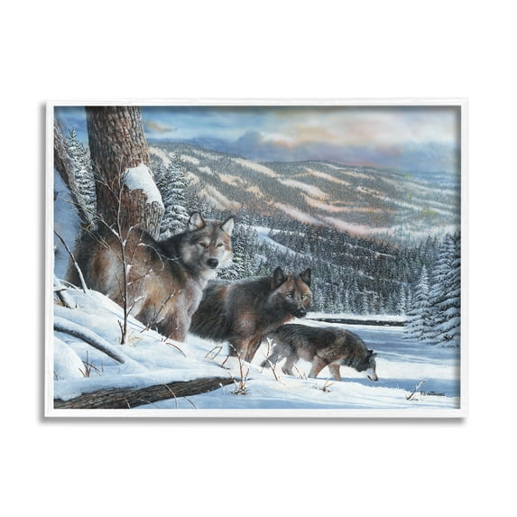 Stupell Industries Wolves in Snowy Mountain Landscape Animals & Insects Painting White Framed Art Print Wall Art, 20 x 16