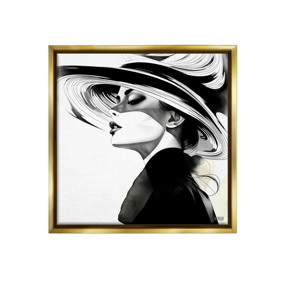 Stupell Industries Woman & Abstract Hat Abstract Painting Gold Floater Framed Canvas Art Print Wall Art, 18 x 18
