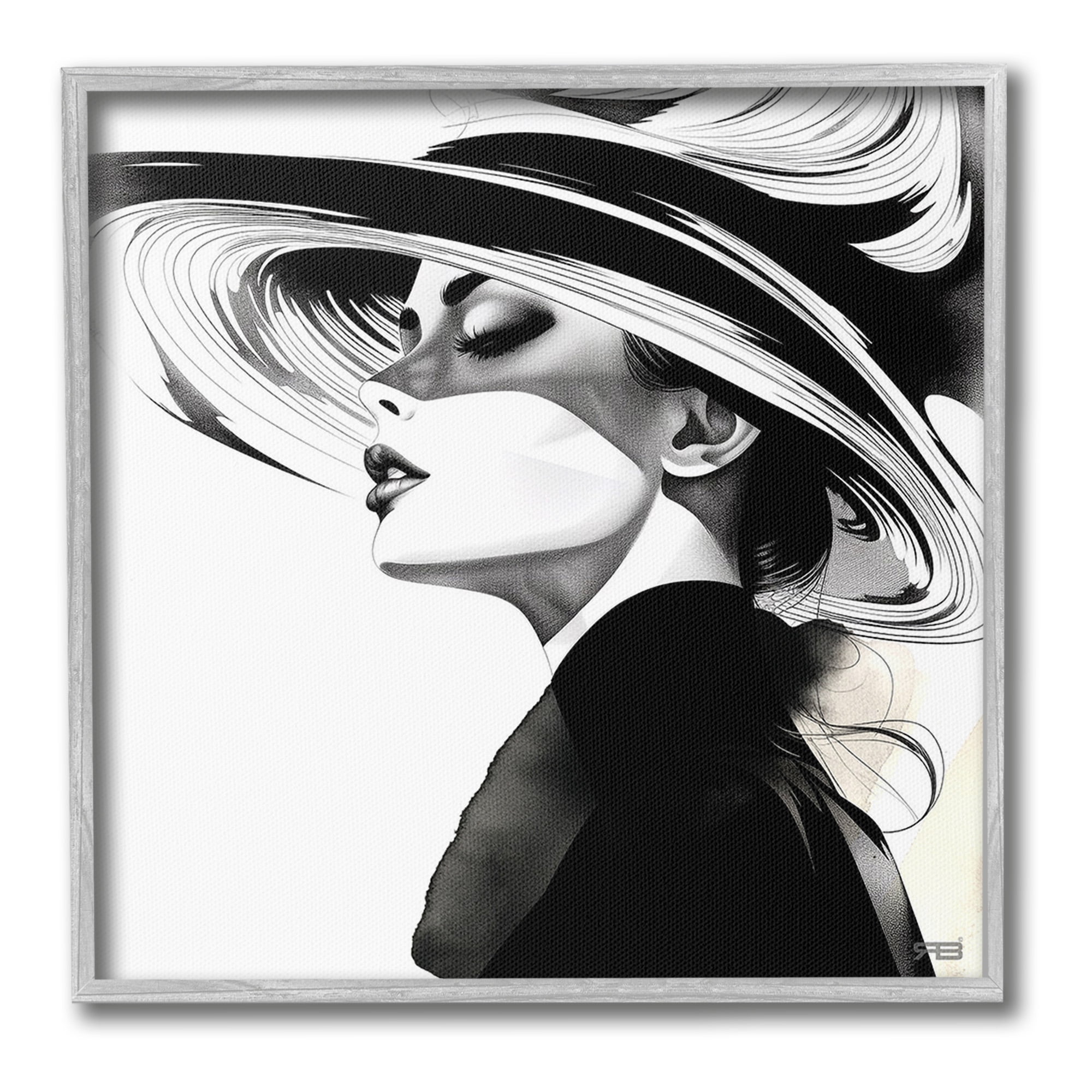 Stupell Industries Woman & Abstract Hat Abstract Painting Gray Framed Art Print Wall Art, 24 x 24