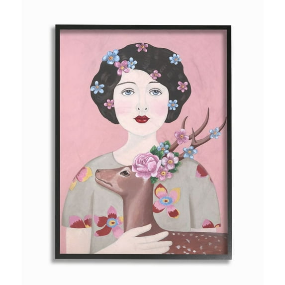 Stupell Industries Woman And Deer Pink Animal Painting Black Framed Art Print Wall Art, 16x20, by Sally B
