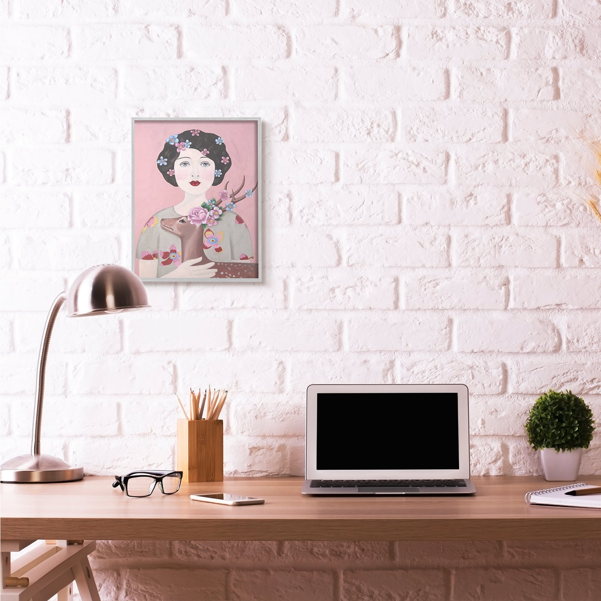 Stupell Industries Woman And Deer Pink Animal Painting Framed Wall Art by Sally B, 16" x 20", Gray Framed
