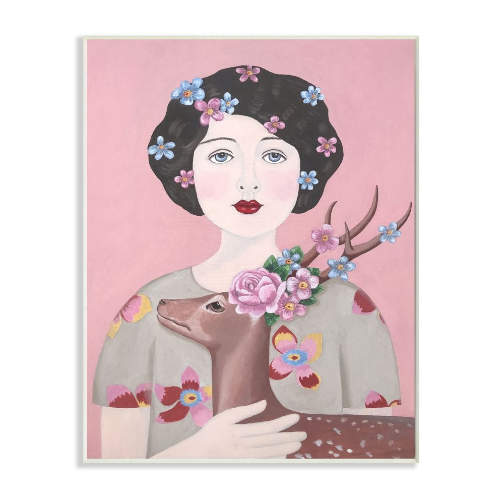 Stupell Industries Woman And Deer Pink Animal Painting Wall Plaque by Sally B