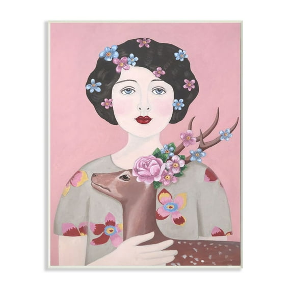 Stupell Industries Woman And Deer Pink Animal Painting Wall Plaque by Sally B, 13" x 19", Wall Plaque