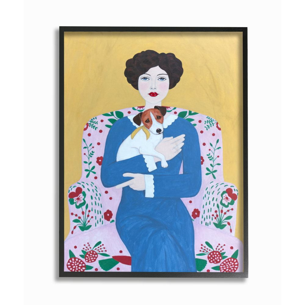 Stupell Industries Woman And Dog On Armchair Yellow Blue Animal Painting Black Framed Art Print Wall Art, 16x20, by Sally B