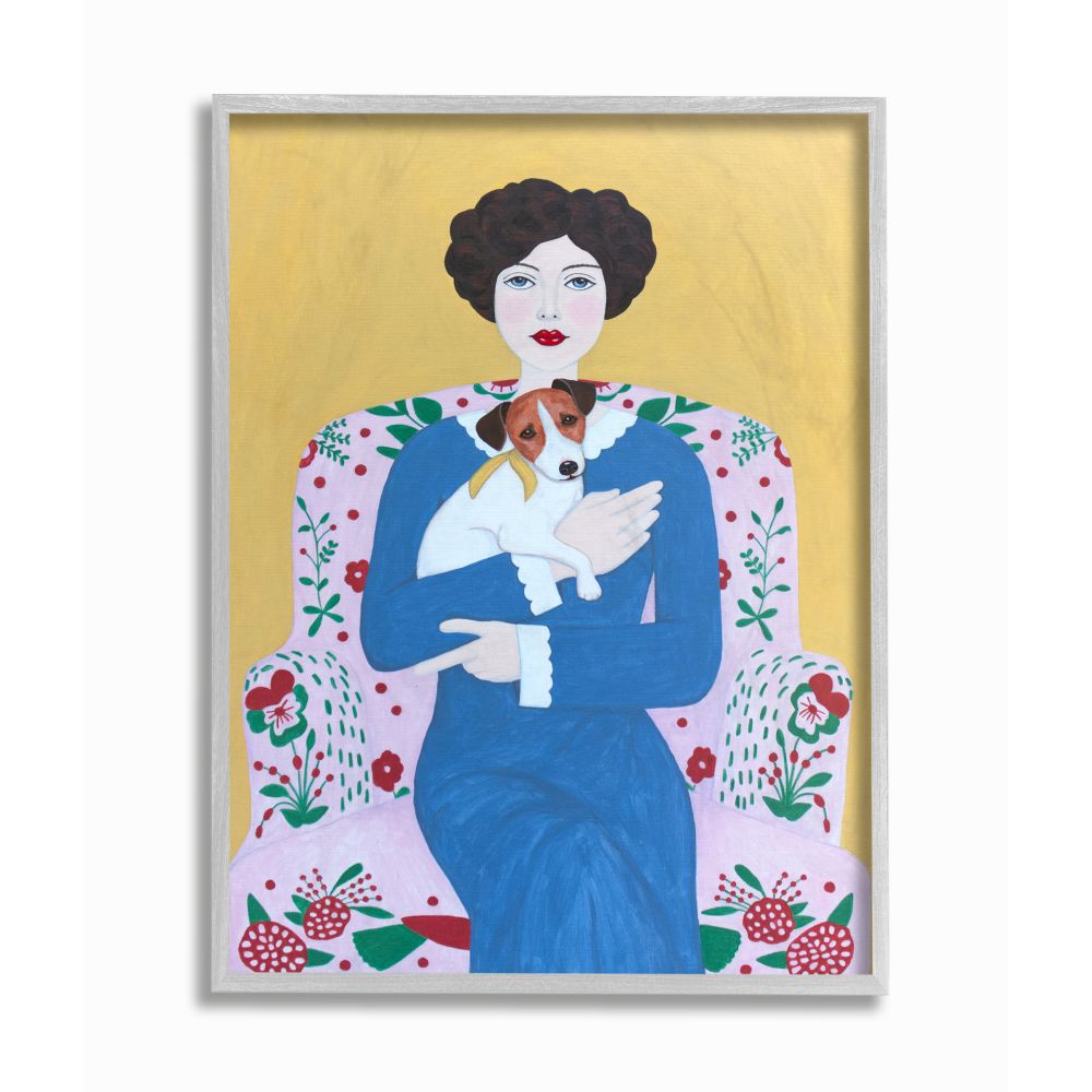 Stupell Industries Woman And Dog On Armchair Yellow Blue Animal Painting Gray Framed Art Print Wall Art, 16x20, by Sally B